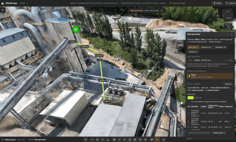 PlantScope – pipe generator: DN600 pipe sketched on a plant scan with the segment table