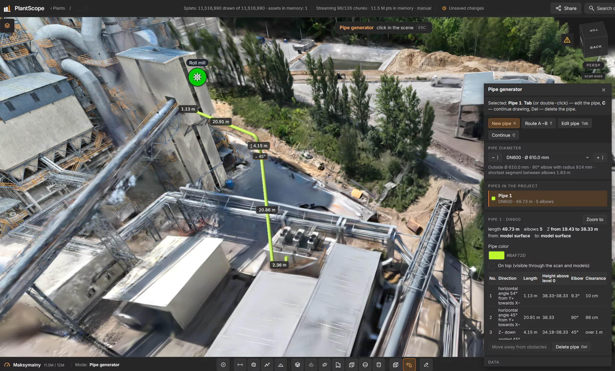 Sketch new pipelines on the real plant
