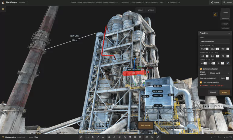 PlantScope – new installation placed on the scan with collision detection, line and area measurements